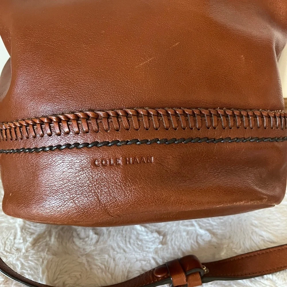 Cole Haan Brown Premium Leather Bucket Bag with Stitching Detail